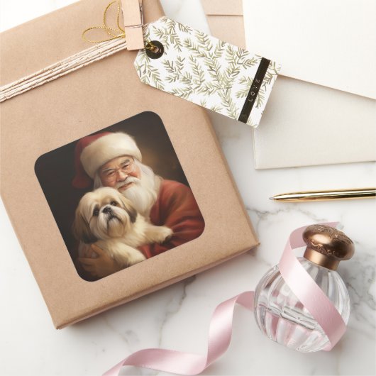 Lhasa Apso met kerstman Festive Kerstmis Vierkante Sticker (Geschenken)
