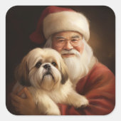 Lhasa Apso met kerstman Festive Kerstmis Vierkante Sticker (Voorkant)