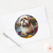 Lhasa Apso op een peddel: Een Schilderachtig avont Ronde Sticker (Envelop)