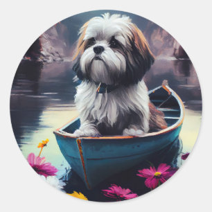 Lhasa Apso op een peddel: Een Schilderachtig avont Ronde Sticker