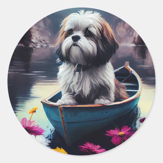 Lhasa Apso op een peddel: Een Schilderachtig avont Ronde Sticker (Voorkant)