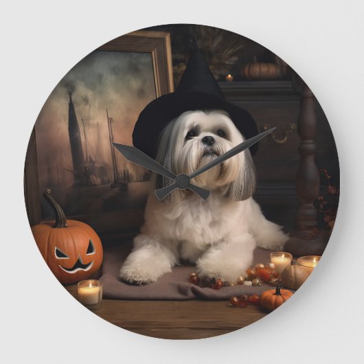 Lhasa Apso Pompoenen Halloween Griezelen Grote Klok (Voorkant)