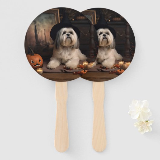 Lhasa Apso Pompoenen Halloween Griezelen Handwaaier (Voorkant en achterkant)
