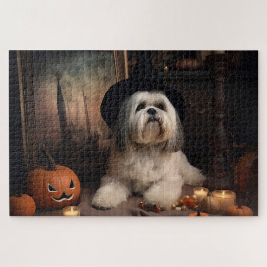 Lhasa Apso Pompoenen Halloween Griezelen Legpuzzel (Horizontaal)
