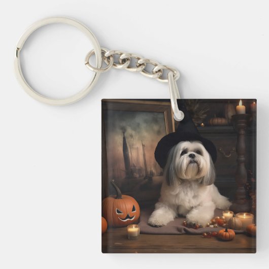 Lhasa Apso Pompoenen Halloween Griezelen Sleutelhanger (Voorkant)