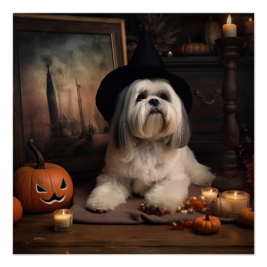 Lhasa Apso Pompoenen Halloween Griezels Perfect Poster (Voorkant)