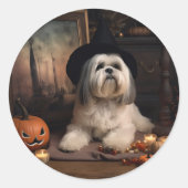 Lhasa Apso Pompoenen Halloween Griezels Ronde Sticker (Voorkant)