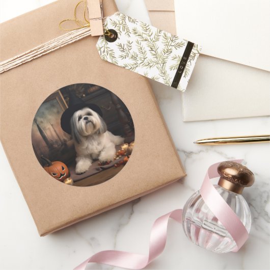Lhasa Apso Pompoenen Halloween Griezels Ronde Sticker (Geschenken)