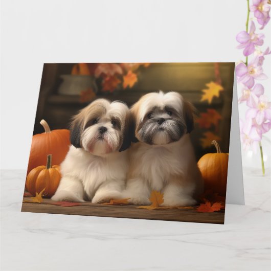 Lhasa Apso Puppy Herfst Verrukking Pompoen Kaart (Orchidee)
