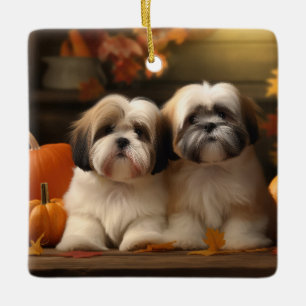 Lhasa Apso Puppy Herfst Verrukking Pompoen Keramisch Ornament