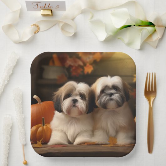 Lhasa Apso Puppy Herfst Verrukking Pompoen Papieren Bordje (Huwelijk)