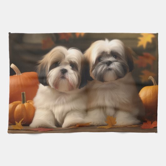 Lhasa Apso Puppy Herfst Verrukking Pompoen Theedoek (Horizontaal)