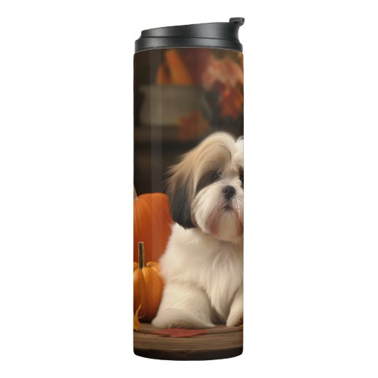 Lhasa Apso Puppy Herfst Verrukking Pompoen Thermosbeker (Gedraaid links)