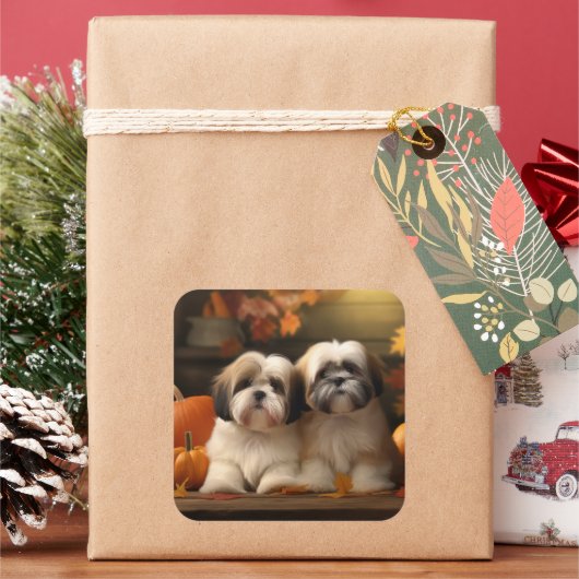Lhasa Apso Puppy Herfst Verrukking Pompoen Vierkante Sticker (Feestdagen)