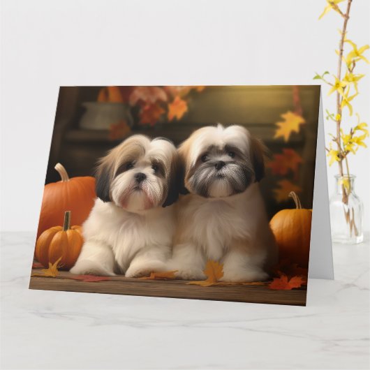 Lhasa Apso Puppy Herfstplezier Pompoen  Kaart (Gele Bloem)