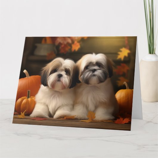 Lhasa Apso Puppy Herfstplezier Pompoen  Kaart (Voorkant)