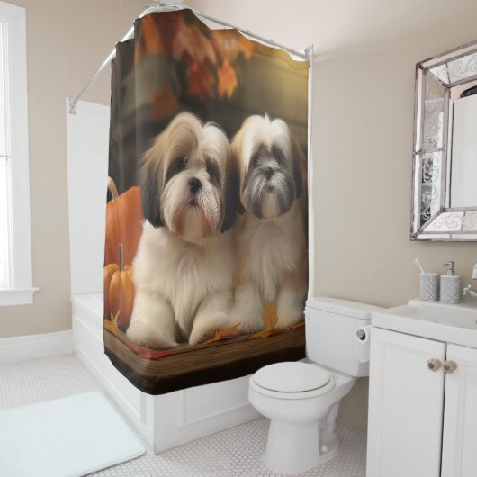 Lhasa Apso Puppy Herfstvreugde Pompoen Douchegordijn (In situ)