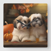 Lhasa Apso Puppy Herfstvreugde Pompoen Vierkante Klok (Voorkant)