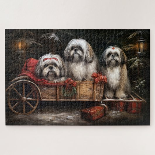 Lhasa Apso Sneeuw Slede Kerst Decoratie Legpuzzel (Horizontaal)