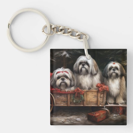 Lhasa Apso Sneeuw Slede Kerst Decoratie Sleutelhanger (Voorkant)