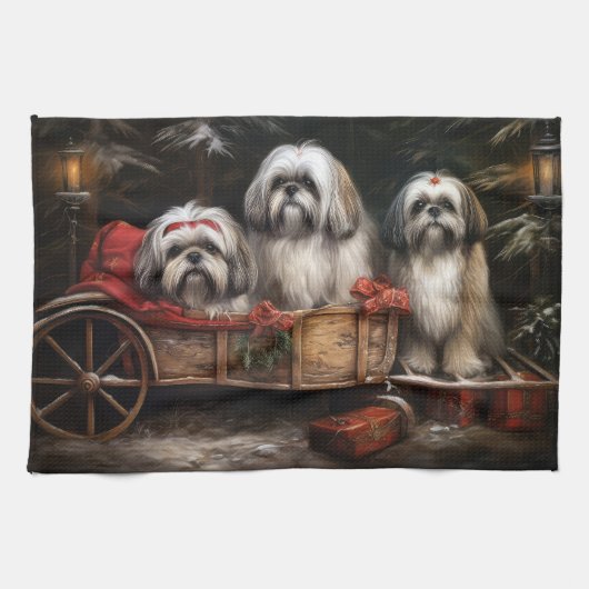 Lhasa Apso Sneeuw Slede Kerst Decoratie Theedoek (Horizontaal)