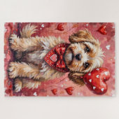 Lhasa Apso Valentijnshond zit met harten Rood Legpuzzel (Horizontaal)