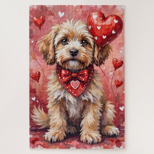 Lhasa Apso Valentijnshond zit met harten Rood Legpuzzel (Verticaal)