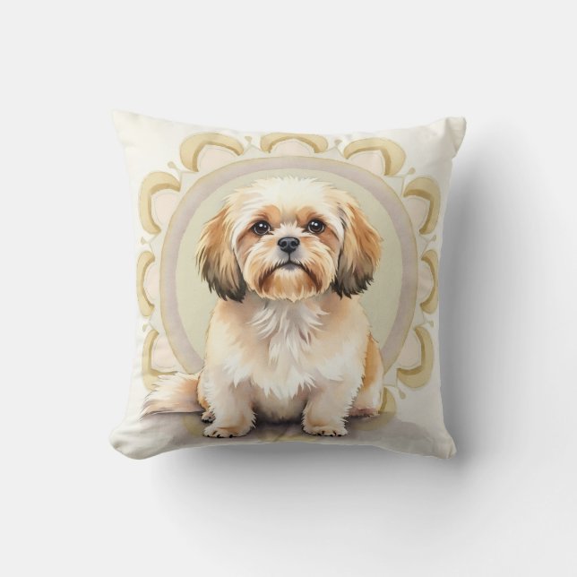 Lhasa Apso Watercolor Mandala Cirkel Kunst Kussen (Voorkant)
