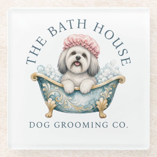 Lhasa Apso Witte Hond Grooming Glas Onderzetter (Voorkant)