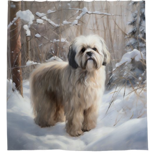 Lhasa heeft ook Kerstmis laten sneeuwen Douchegordijn (Voorkant)