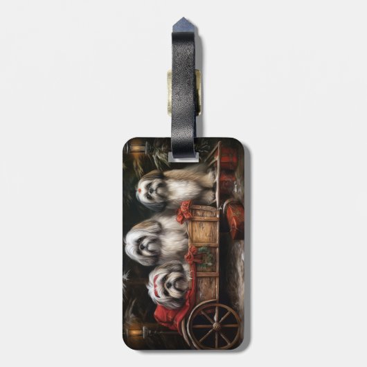 Lhasa ook besneeuwde slee kerstdecor bagagelabel (Achterkant verticaal)