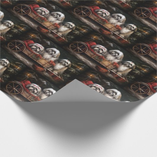 Lhasa ook besneeuwde slee kerstdecor cadeaupapier (Hoek)