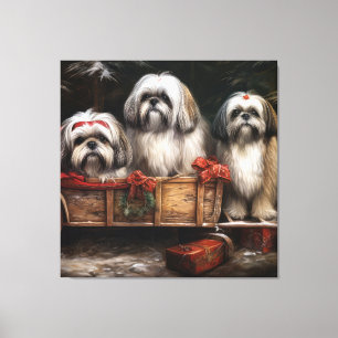 Lhasa ook besneeuwde slee kerstdecor canvas afdruk