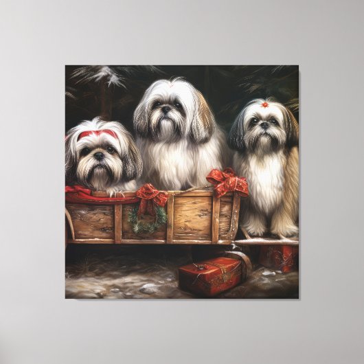 Lhasa ook besneeuwde slee kerstdecor canvas afdruk (Voorkant)