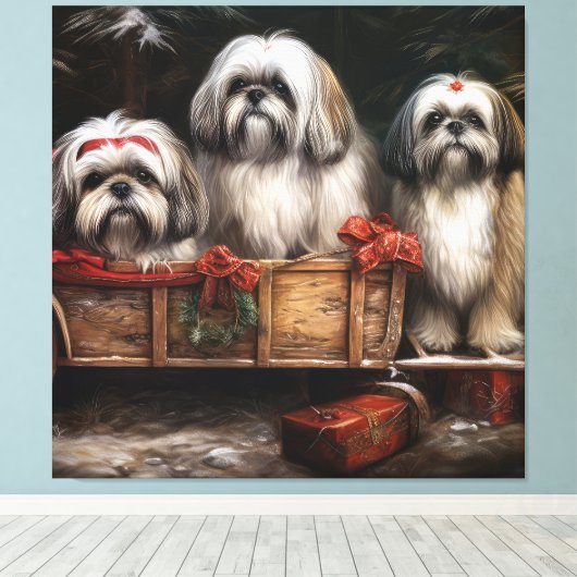 Lhasa ook besneeuwde slee kerstdecor canvas afdruk (Insitu (Houten vloer))