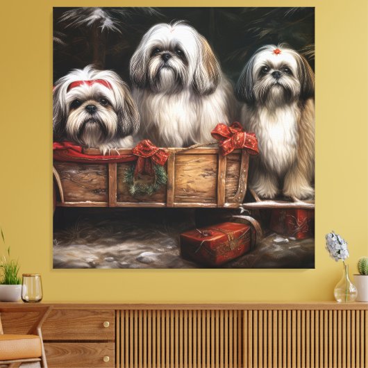 Lhasa ook besneeuwde slee kerstdecor canvas afdruk (Insitu (Woonkamer))
