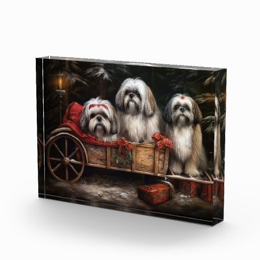 Lhasa ook besneeuwde slee kerstdecor fotoblokken (Rechts)