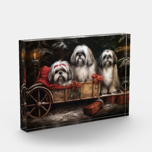 Lhasa ook besneeuwde slee kerstdecor fotoblokken (Links)