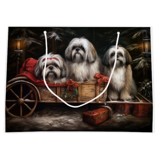Lhasa ook besneeuwde slee kerstdecor groot cadeauzakje (Voorkant)