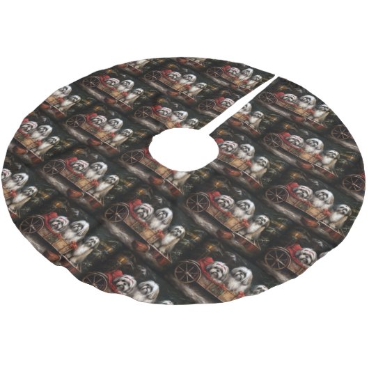 Lhasa ook besneeuwde slee kerstdecor kerstboom rok (Gekanteld)