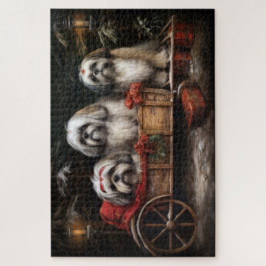 Lhasa ook besneeuwde slee kerstdecor legpuzzel (Verticaal)