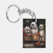 Lhasa ook besneeuwde slee kerstdecor sleutelhanger (Voorkant Links)