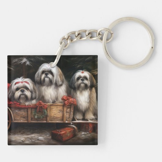 Lhasa ook besneeuwde slee kerstdecor sleutelhanger (Achterkant)