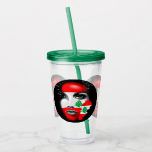 Libanon Vlag en Kaart op het gezicht van het meisj Acryl Drinkbeker