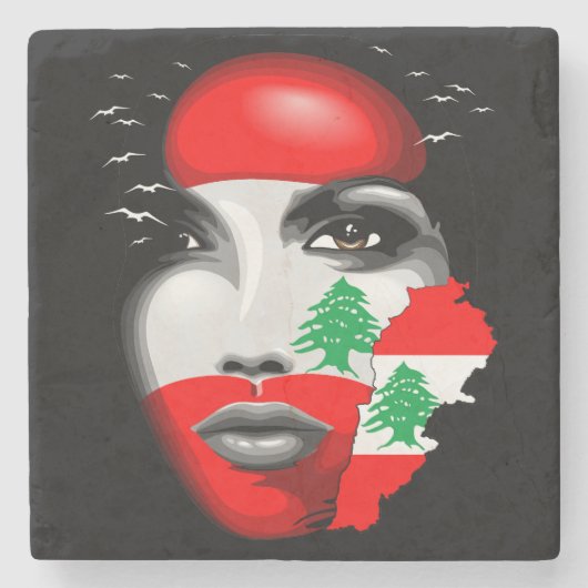 Libanon Vlag en Kaart op het gezicht van het meisj Stenen Onderzetter (Voorkant)