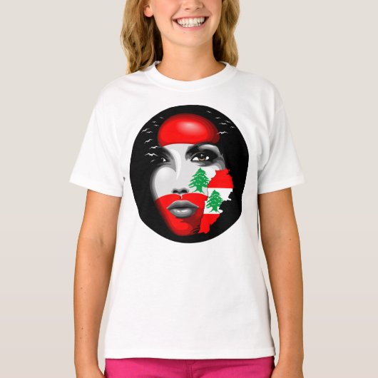 Libanon Vlag en Kaart op het gezicht van het meisj T-shirt (Voorkant)