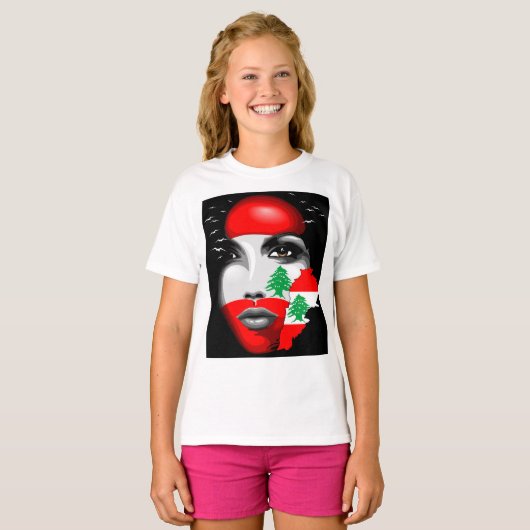 Libanon Vlag en Kaart op het gezicht van het meisj T-shirt (Voorkant volledig)