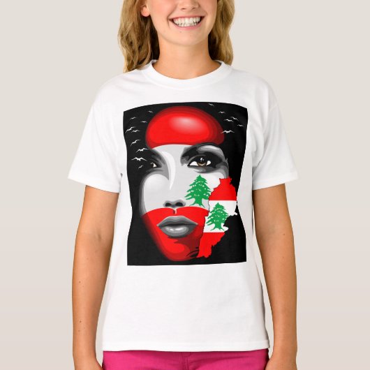 Libanon Vlag en Kaart op het gezicht van het meisj T-shirt (Voorkant)