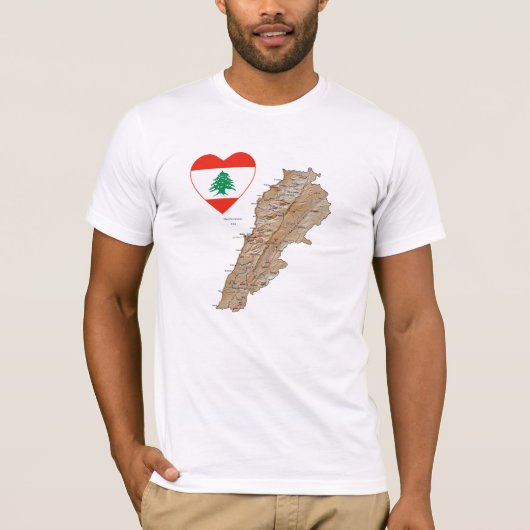 Libanon - Vlaggenhart en -kaart T-Shirt (Voorkant)