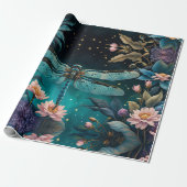 Libel in een bloementuin 's nachts cadeaupapier (Uitgerold)